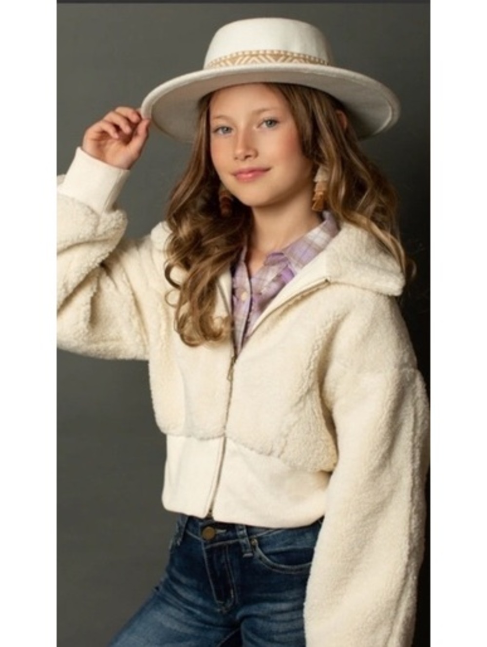 Joyfolie Cream Sherpa Cropped Zip Jacket With Ribbed Cuffs
